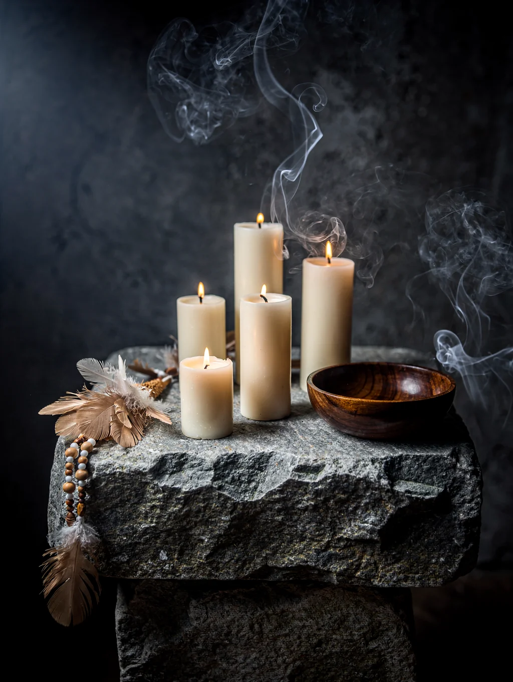 Minimalist stone altar with soft directional light in a dark room